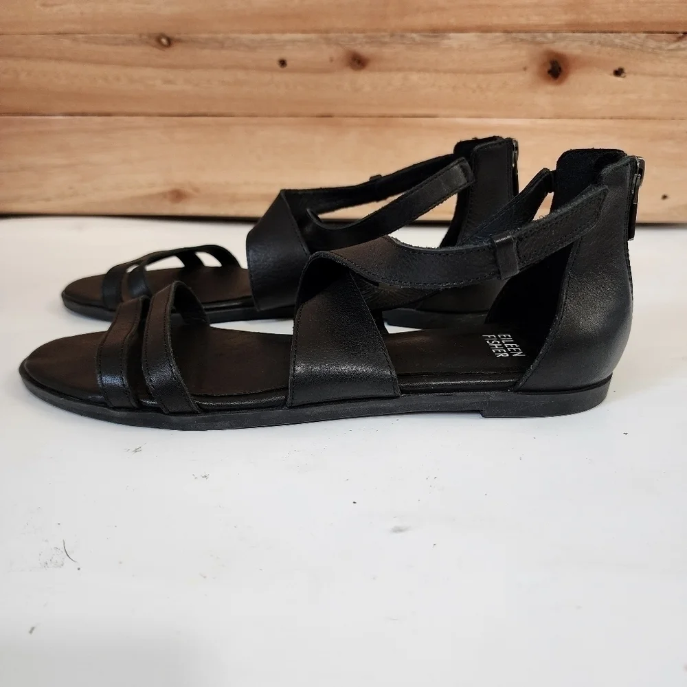 Eileen Fisher Cici Black Strappy leather Open Toe sandal Summer Vacation Casual